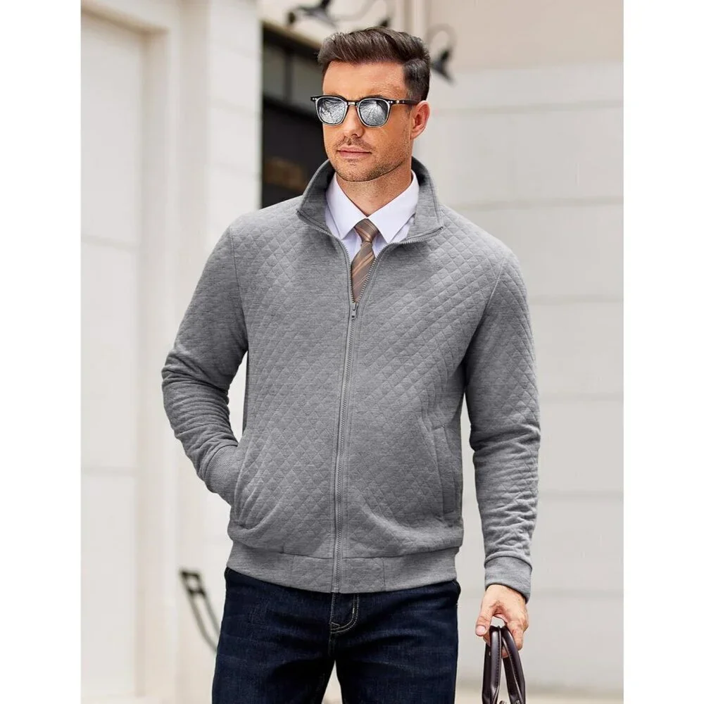 COOFANDY Men  Light Grey Zip Up Mock Neck Quilted Lightweight Sweater Jacket
